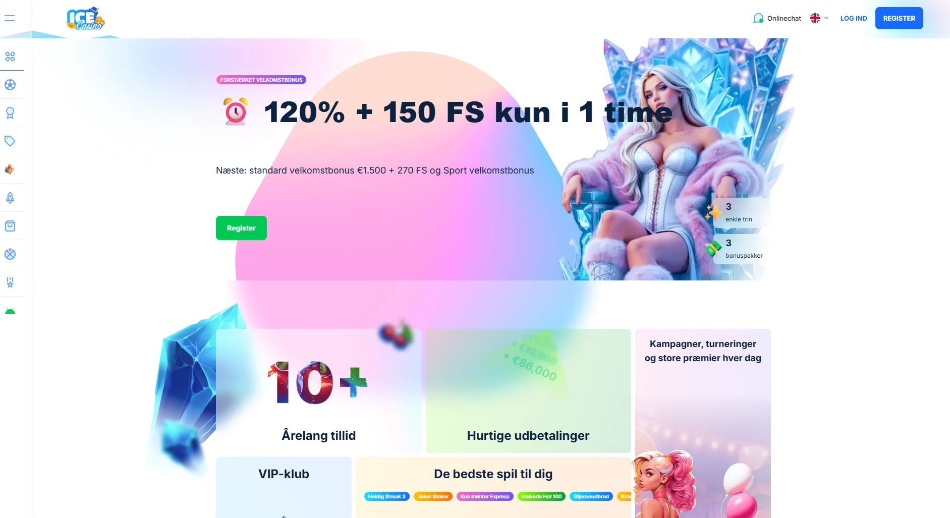 billede af Ice Casinos officielle forside og velkomsttilbud